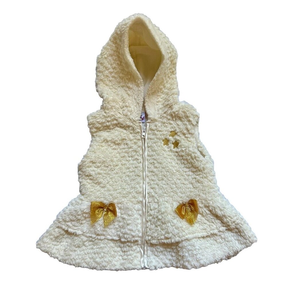 Real Love Girl’s Cream Faux Fur Vest With Gold Bows And Stars Size 3T